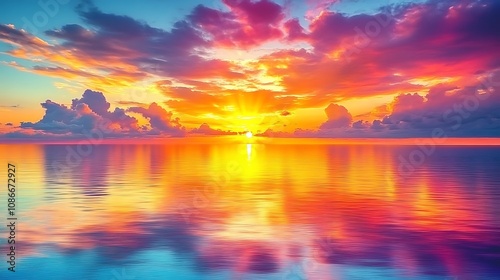 Vibrant sunrise over a calm sea with colorful clouds reflected in the water.