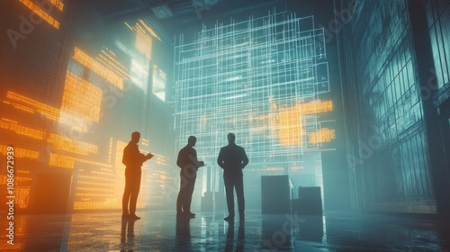 Silhouettes of three figures against a futuristic digital backdrop.