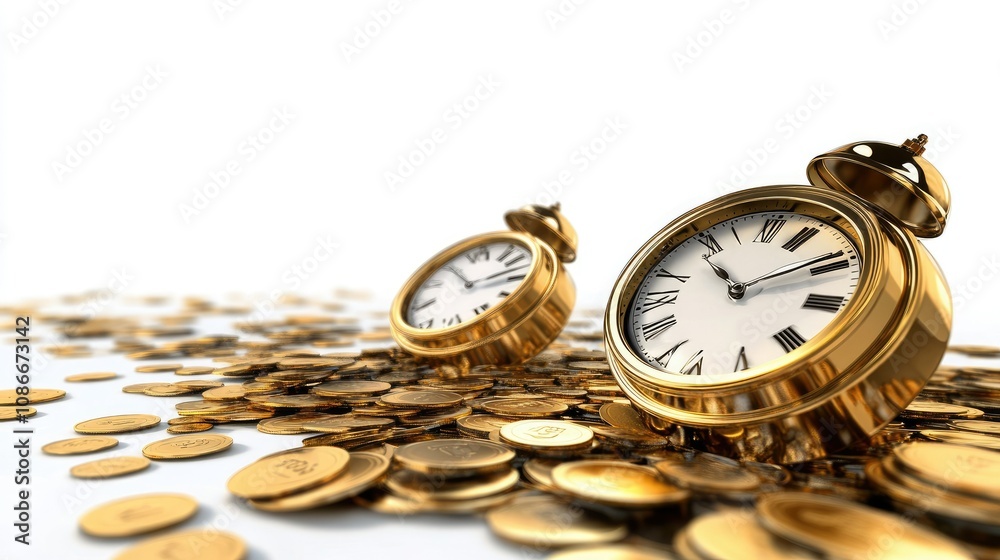 Two Golden Alarm Clocks Surrounded by Piles of Shiny Coins Capturing the Essence of Time, Wealth, and Financial Prosperity in a Stunning Still Life Composition Two Golden Alarm Clocks Surrounded by Piles of Shiny Coins Capturing the Essence of Time, Wealth, and Financial Prosperity in a Stunning Still Life Composition