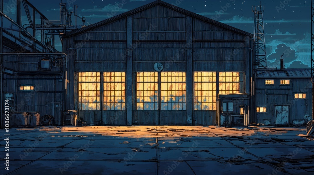 Deserted industrial warehouse at night with glowing windows, showcasing a tranquil yet eerie ambiance in a dimly lit exterior setting. Deserted industrial warehouse at night with glowing windows, showcasing a tranquil yet eerie ambiance in a dimly lit exterior setting.