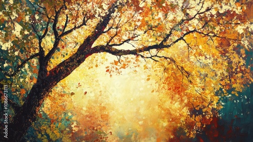 Vibrant autumn forest with golden leaves and sunlight streaming through branches, creating a serene and colorful morning nature scene.