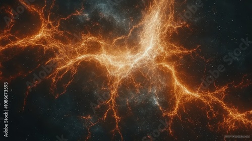 A vibrant cosmic scene featuring intricate, glowing orange patterns against a dark, starry background, evoking a sense of deep space exploration.