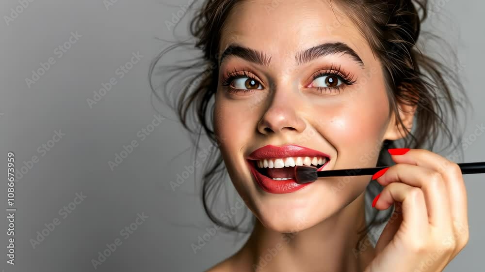 Shiny ideal perfect lady silky eyelashes artist girlish feminine nude concept. Portrait of excited astonished lady using perfect brush for makeup, beauty, cosmetics, skincare Shiny ideal perfect lady silky eyelashes artist girlish feminine nude concept. Portrait of excited astonished lady using perfect brush for makeup, beauty, cosmetics, skincare