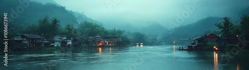 A serene river landscape at dusk, surrounded by misty mountains and tranquil waters, creating a peaceful atmosphere. photo