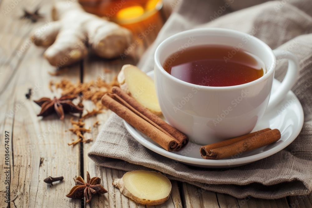 Ginger and cinnamon tea on wooden background. Ginger and cinnamon tea on wooden background.
