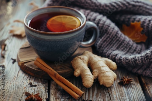 Ginger and cinnamon tea on wooden background. photo