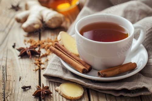 Ginger and cinnamon tea on wooden background. photo