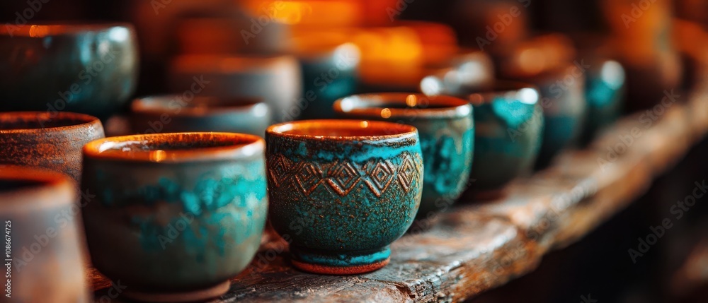 Fototapeta premium Handcrafted ceramic cups with intricate designs on a rustic wooden shelf.