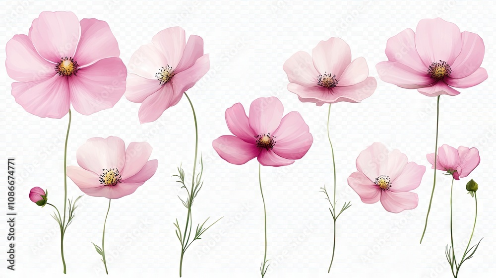 A stunning array of pink cosmos flowers in various stages of bloom, showcasing their delicate petals and slender green stems. A stunning array of pink cosmos flowers in various stages of bloom, showcasing their delicate petals and slender green stems.