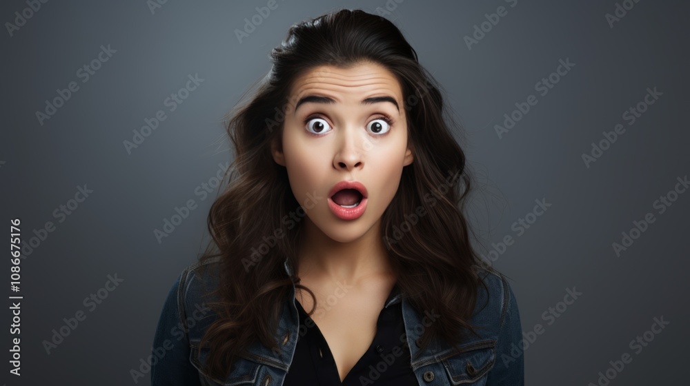 Fototapeta premium portrait of Surprised, shocked, excited Caucasian young adult woman with open mouth isolated on grey background. Winner concept, celebration for deal, retail sale, discount news, unexpected prize