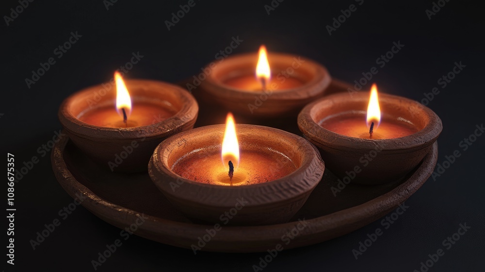 Four lit clay oil lamps on a dark background create a warm and serene ambiance. Four lit clay oil lamps on a dark background create a warm and serene ambiance.