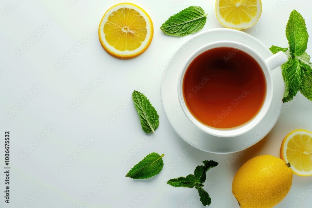 Cup tea with mint Cup tea with mint and lemon isolated on a white background Cup tea with mint Cup tea with mint and lemon isolated on a white background