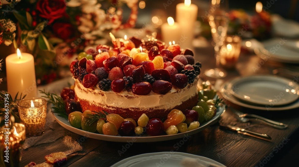 Sophisticated fruit cake with candied fruits, festive holiday table with candles and decor 