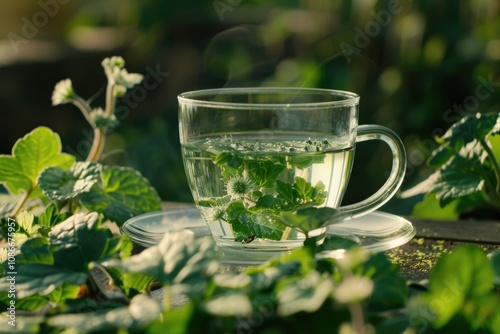 Fresh catnip tea in a glass cup photo