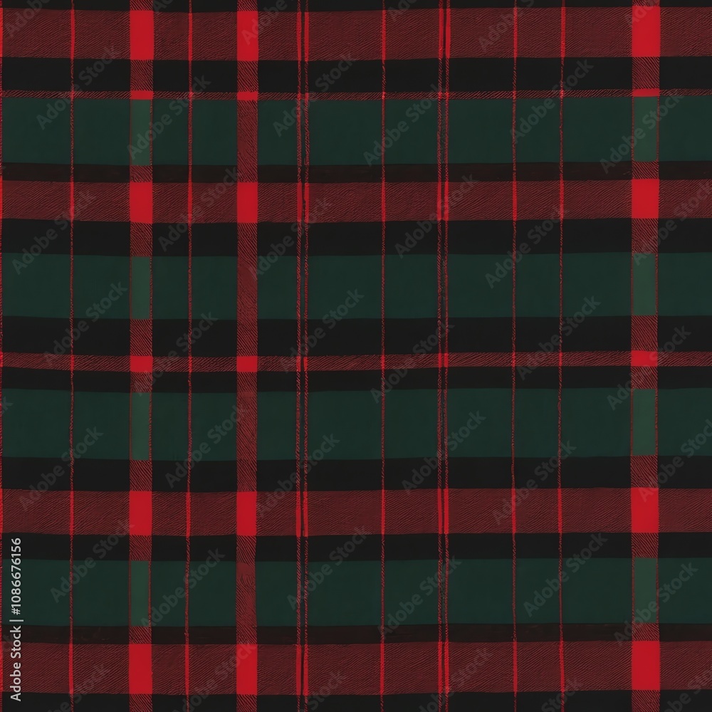 Obraz premium Plaid fabric pattern with red and green lines on a black background.