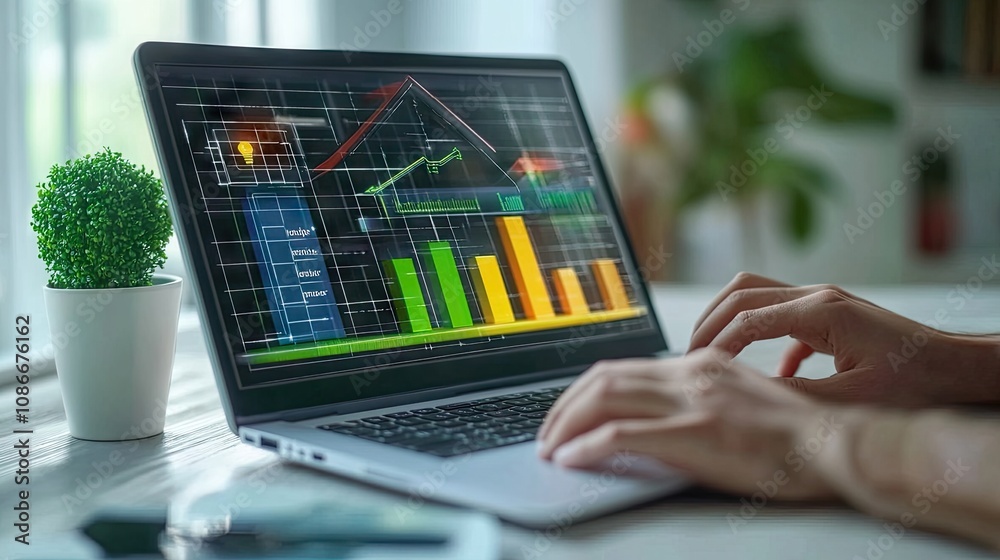 Close-up of hands working on a laptop displaying colorful financial graphs and data analysis on a bright workspace. Close-up of hands working on a laptop displaying colorful financial graphs and data analysis on a bright workspace.