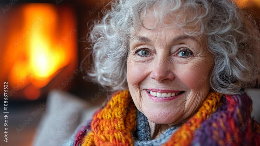 A cheerful older woman sits comfortably in her cozy living room, wrapped in a bright scarf, enjoying the soothing warmth of a flickering fireplace on a cold night A cheerful older woman sits comfortably in her cozy living room, wrapped in a bright scarf, enjoying the soothing warmth of a flickering fireplace on a cold night