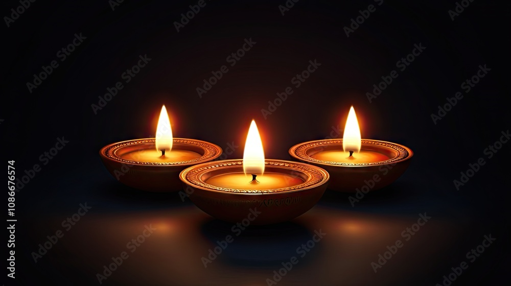Three glowing oil lamps with flickering flames in a dark setting, exuding warmth and tranquility. Three glowing oil lamps with flickering flames in a dark setting, exuding warmth and tranquility.