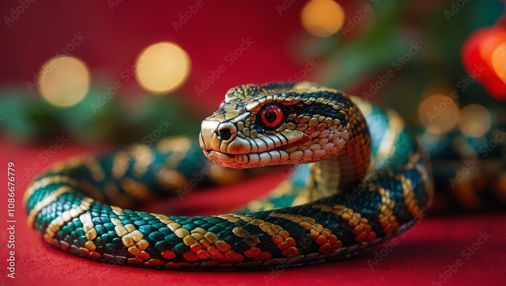 Chinese New Year, year of the snake. Chinese snake on a red background, with copy space