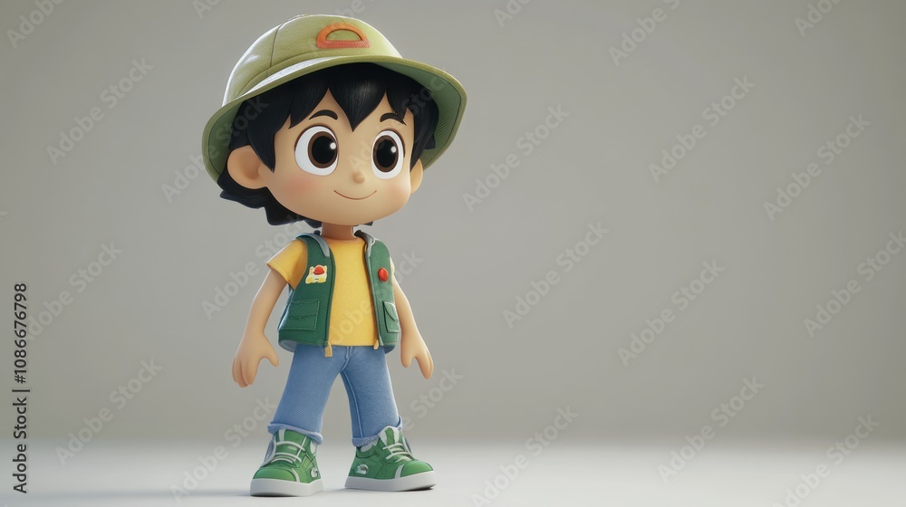 A cheerful cartoon boy character in casual outdoor attire, ready for adventure. A cheerful cartoon boy character in casual outdoor attire, ready for adventure.