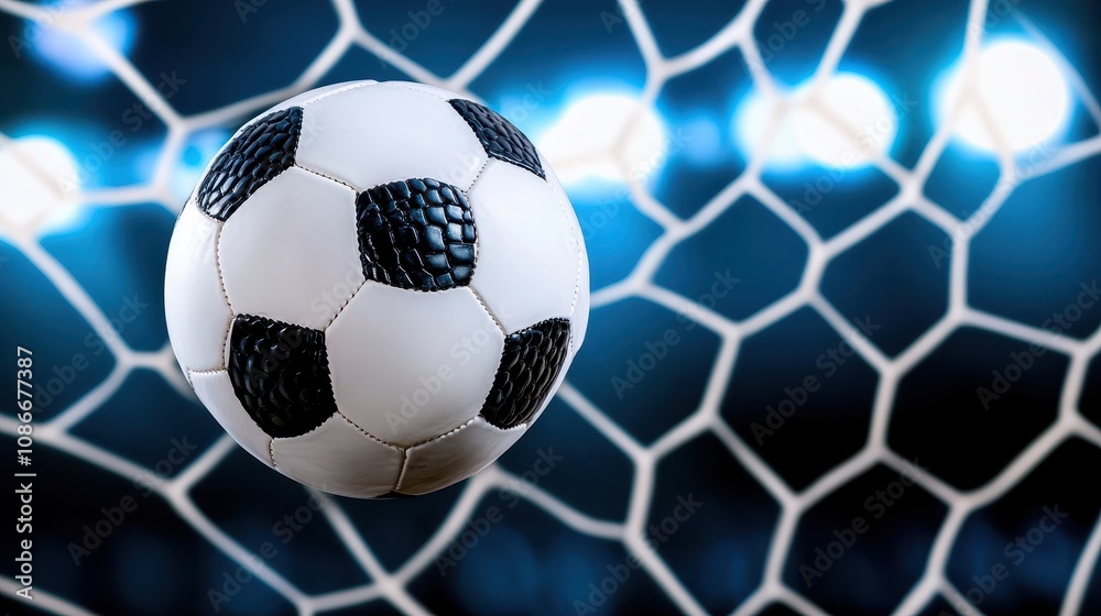 Fototapeta premium Close-up of classic black and white soccer ball in mid-flight against goal net backdrop. image highlights texture and stitching, enhanced by vibrant bokeh lights. perfect for sports promotions.