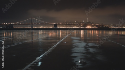 Nighttime view of a city skyline with a bridge reflecting on water.