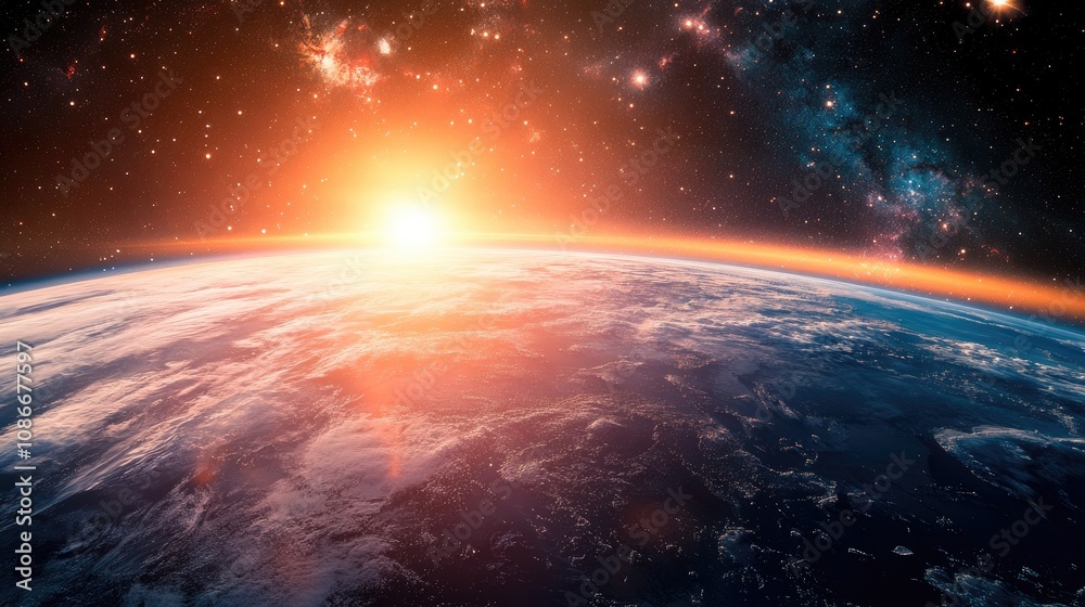 A breathtaking view of sunrise over Earth from space, showcasing vibrant colors and the vastness of the universe. A breathtaking view of sunrise over Earth from space, showcasing vibrant colors and the vastness of the universe.