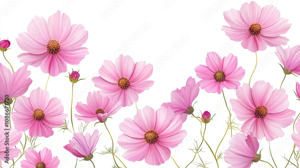 A beautiful arrangement of pink cosmos flowers in various stages of bloom, evoking a sense of serenity and freshness. A beautiful arrangement of pink cosmos flowers in various stages of bloom, evoking a sense of serenity and freshness.