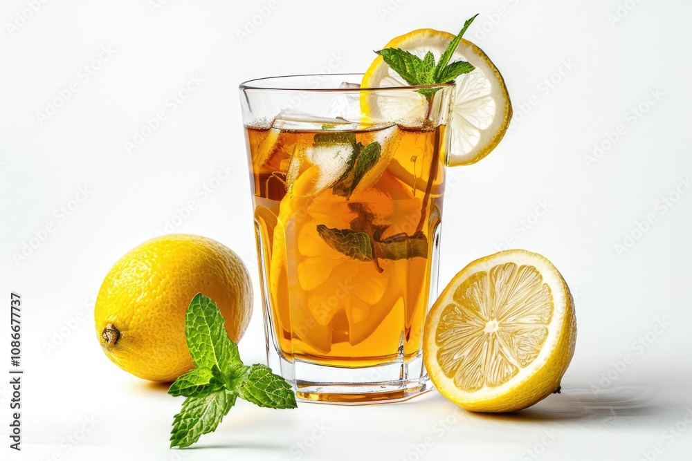 Hot tea with mint and lemon in double walled glass. Hot tea with mint and lemon in double walled glass.