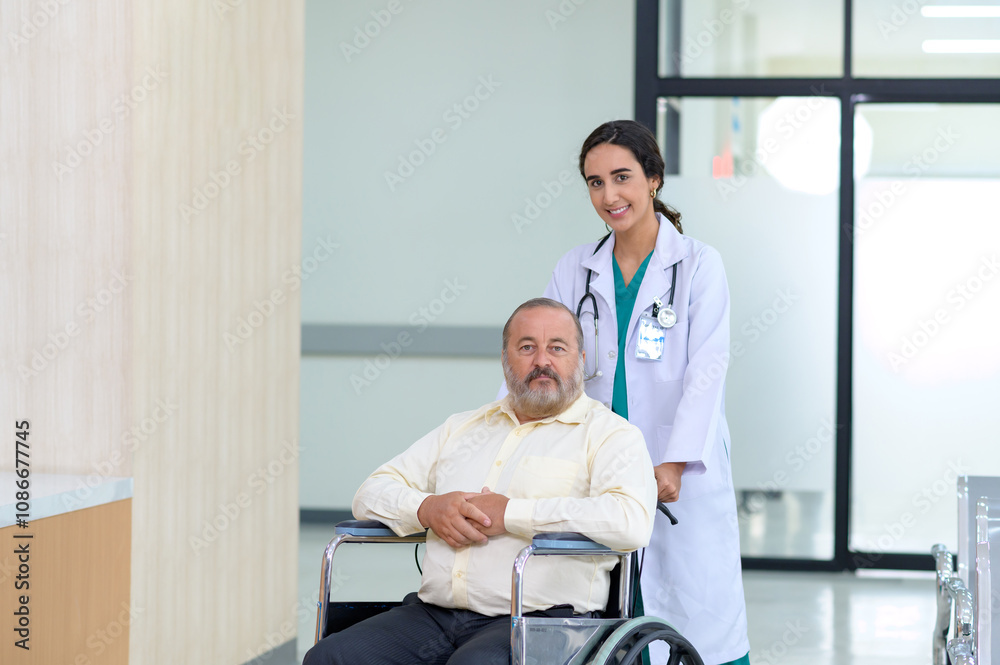 Young woman doctor with senior man sitting on wheelchair in hospital. female doctor assist take care of smiling old man. elderly healthcare concept. Young woman doctor with senior man sitting on wheelchair in hospital. female doctor assist take care of smiling old man. elderly healthcare concept.