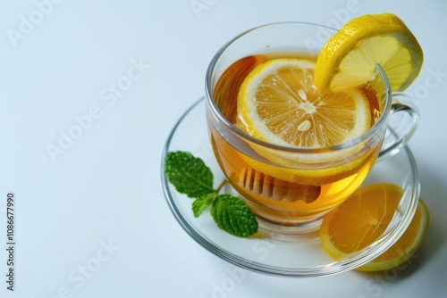 lemon tea with honey in a glass on a white background