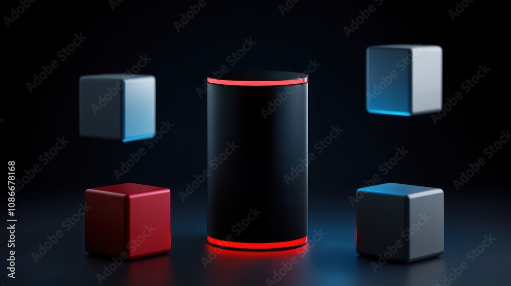 Digital design central black cylinder glowing red at both ends, surrounded by gray and red blocks emitting soft blue or red light, set against dark background. Digital design central black cylinder glowing red at both ends, surrounded by gray and red blocks emitting soft blue or red light, set against dark background.