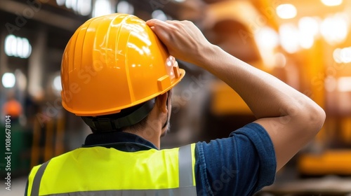 Construction worker in bright yellow hard hat and reflective vest stands in busy site, adjusting helmet. blurred machinery highlights safety and teamwork in the industry.