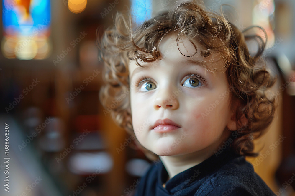 Generative AI Image of a Young Child in Church Attending a Religious Service Generative AI Image of a Young Child in Church Attending a Religious Service
