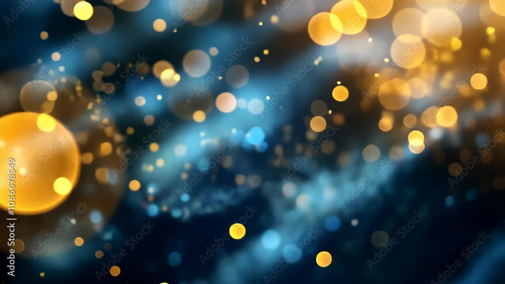 Golden light shine particles bokeh on navy blue background. Holiday. Abstract background with Dark blue and gold particle, shine, bright, sparkle, magical, glittering, texture, effect, space
