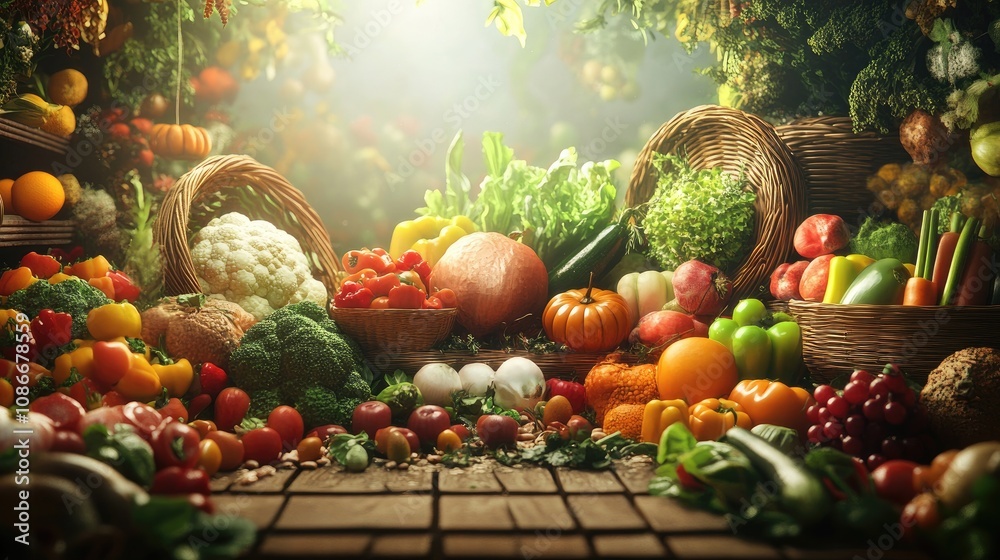 A vibrant display of fresh vegetables and fruits in a rustic setting, showcasing a variety of colors and textures. A vibrant display of fresh vegetables and fruits in a rustic setting, showcasing a variety of colors and textures.