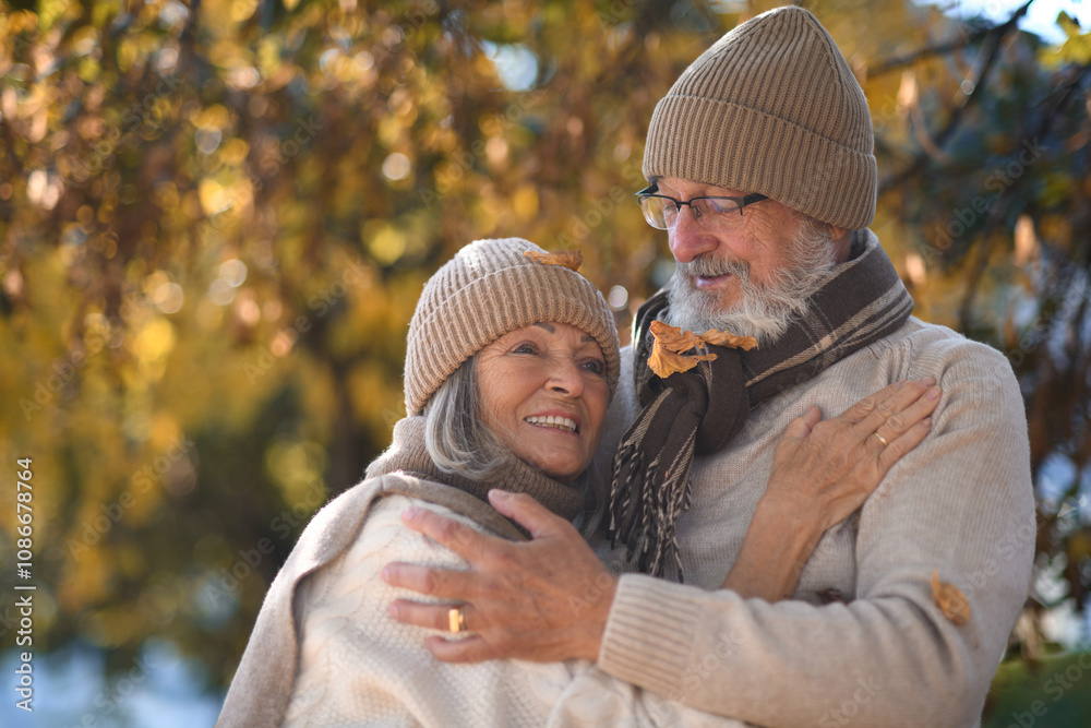 Portrait of beautiful senior couple during walk in autumn park. Elderly husband and wife are embracing each other. Portrait of beautiful senior couple during walk in autumn park. Elderly husband and wife are embracing each other.