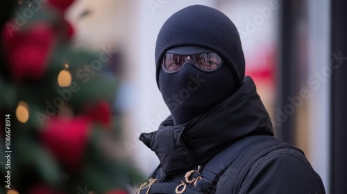 Mysterious figure in black ski mask and dark coat stands in an urban setting, partially hidden by holiday decor.