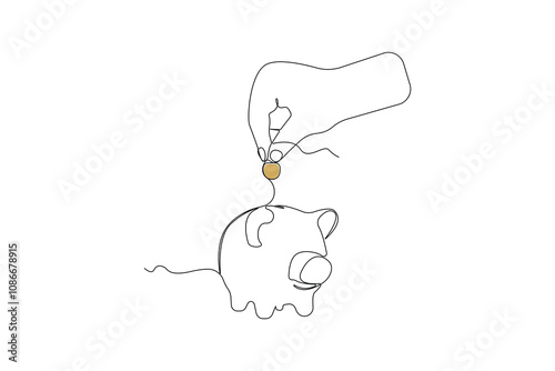 Hand putting coin into a piggy bank continuous line art illustration. Saving money concept background.