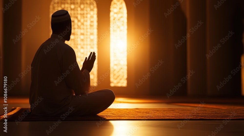 Serene silhouette in traditional attire meditates on textured rug as warm sunlight filters through arched windows, creating tranquil atmosphere perfect for themes of mindfulness and spirituality. Serene silhouette in traditional attire meditates on textured rug as warm sunlight filters through arched windows, creating tranquil atmosphere perfect for themes of mindfulness and spirituality.