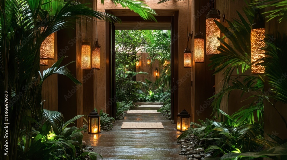 Serene Pathway Through Lush Greenery with Decorative Lanterns Emanating Soft Light, Creating an Inviting Atmosphere in a Tropical Oasis of Relaxation Serene Pathway Through Lush Greenery with Decorative Lanterns Emanating Soft Light, Creating an Inviting Atmosphere in a Tropical Oasis of Relaxation
