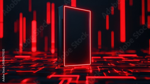 Stock image glowing rectangular device with vibrant red neon lights against dark, high-tech backdrop, evoking themes of technology and innovation. photo