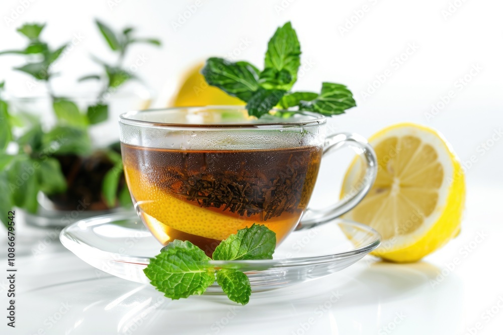 Tea with mint and lemon in white cup on white background.