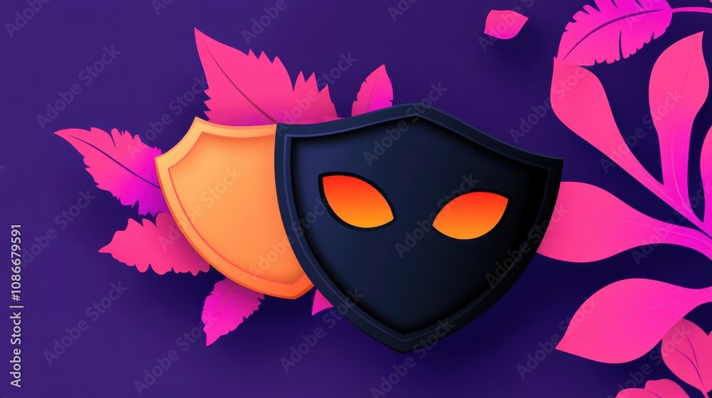 Vibrant digital black and orange mask with abstract foliage in pink and purple. contrasting shields symbolize protection and creativity, ideal for tech or gaming contexts. Vibrant digital black and orange mask with abstract foliage in pink and purple. contrasting shields symbolize protection and creativity, ideal for tech or gaming contexts.