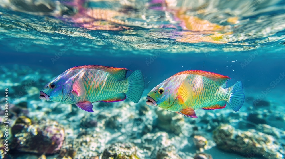 Two Rainbow Parrotfish Swimming in Tropical Waters Two Rainbow Parrotfish Swimming in Tropical Waters