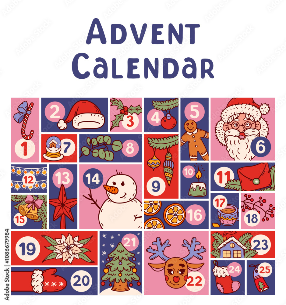 Christmas advent calendar. Countdown to Christmas with numbers. Surprise cards. Festive doodle winter stickers. Santa, fir trees, presents, snowflakes, snowman, deer vector illustrations. Christmas advent calendar. Countdown to Christmas with numbers. Surprise cards. Festive doodle winter stickers. Santa, fir trees, presents, snowflakes, snowman, deer vector illustrations.