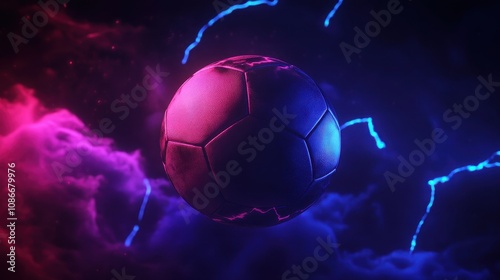 Vibrant, abstract glowing soccer ball surrounded by colorful clouds and dynamic neon lights, perfect for sports promotions or digital mediprojects. photo