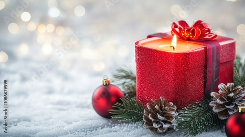 Festive Christmas Gift Box with Bright Candle Flame Surrounded by Ornaments and Pine Cones on a Soft Snowy Background with Sparkling Lights