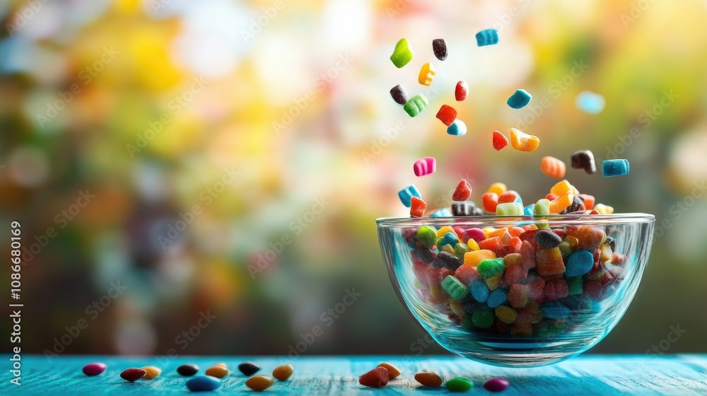 Colorful Candy Falling into a Glass Bowl on a Vibrant Background Captures the Joy and Delight of Sweet Treats in a Playful Moment Colorful Candy Falling into a Glass Bowl on a Vibrant Background Captures the Joy and Delight of Sweet Treats in a Playful Moment