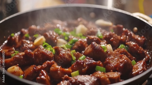 Mouthwatering Close-Up of Juicy Slow-Cooked Meat in a Pan with Fresh Green Onions and Aromatic Ingredients Creating a Tempting Culinary Dish